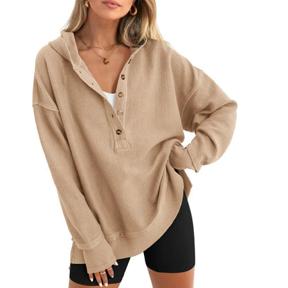 🔥Women's Oversized Button V-Neck Hoodie Sweatshirt Long Sleeve Side Slit Casual Fall Pullover Top