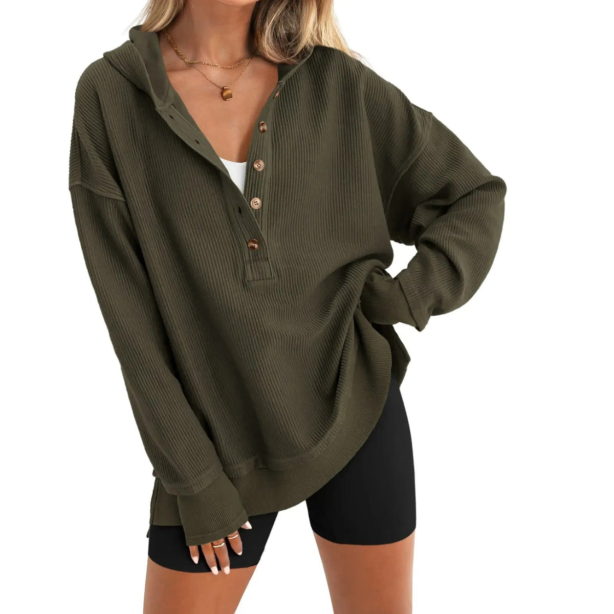 🔥Women's Oversized Button V-Neck Hoodie Sweatshirt Long Sleeve Side Slit Casual Fall Pullover Top