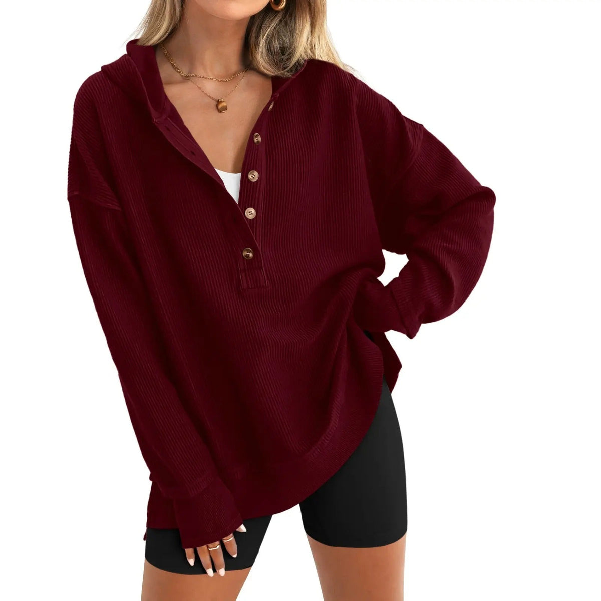 🔥Women's Oversized Button V-Neck Hoodie Sweatshirt Long Sleeve Side Slit Casual Fall Pullover Top