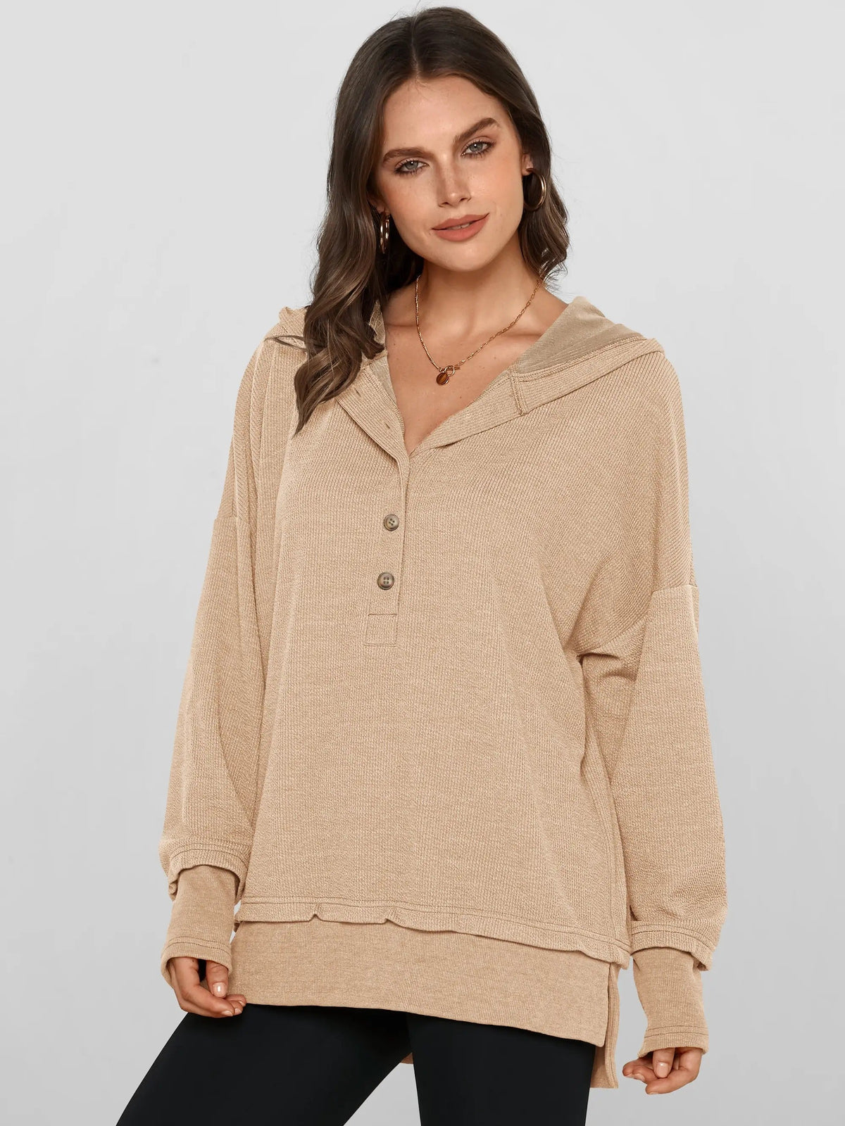 🔥Women's Oversized Button V-Neck Hoodie Sweatshirt Long Sleeve Side Slit Casual Fall Pullover Top