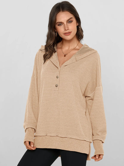 🔥Women's Oversized Button V-Neck Hoodie Sweatshirt Long Sleeve Side Slit Casual Fall Pullover Top