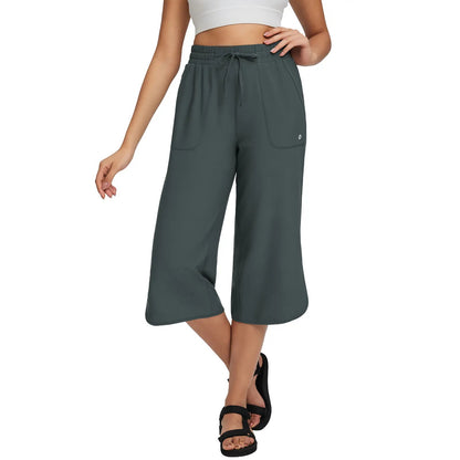 Women's High Waist 20" Wide Leg Capri Pants UPF 50+ Quick Dry Tummy Control Casual Lounge Pants with Deep Pockets