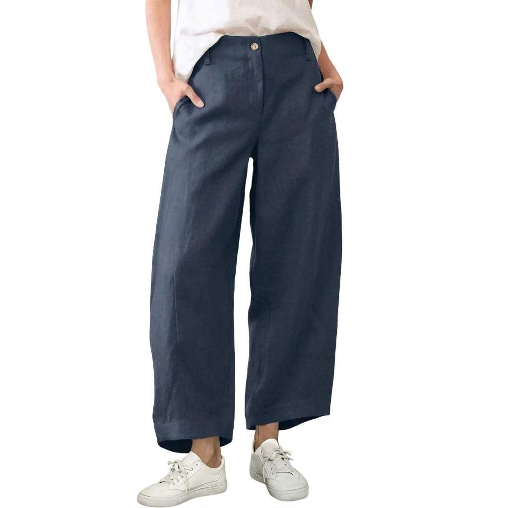 Women's High Waist Linen Blend Wide Leg Pants Casual Baggy Pull On Summer Trousers with Pockets & Zipper