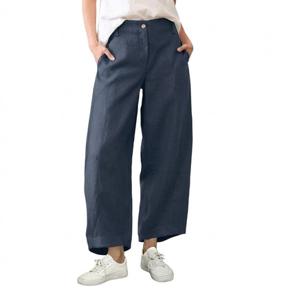 Women's High Waist Linen Blend Wide Leg Pants Casual Baggy Pull On Summer Trousers with Pockets & Zipper