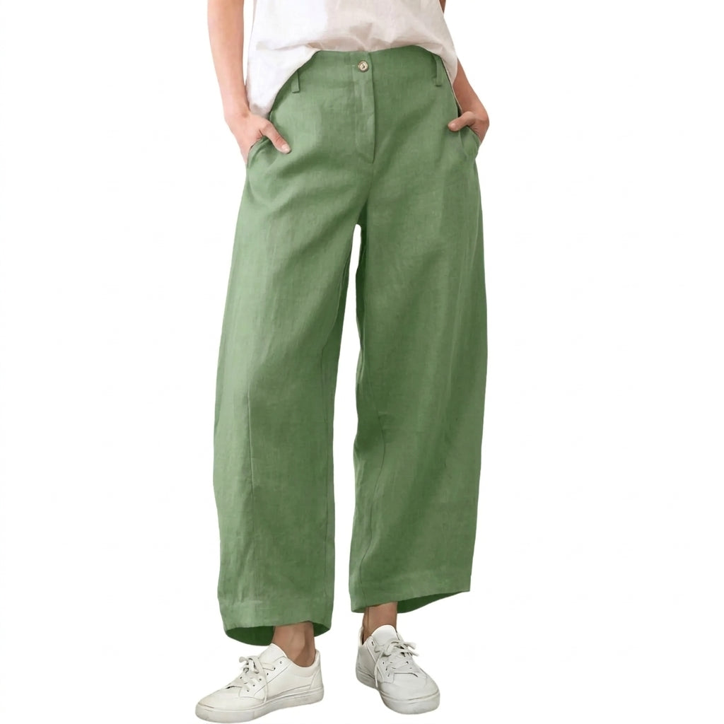 Women's High Waist Linen Blend Wide Leg Pants Casual Baggy Pull On Summer Trousers with Pockets & Zipper