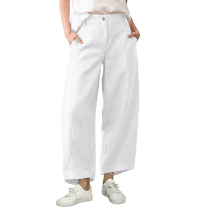 Women's High Waist Linen Blend Wide Leg Pants Casual Baggy Pull On Summer Trousers with Pockets & Zipper