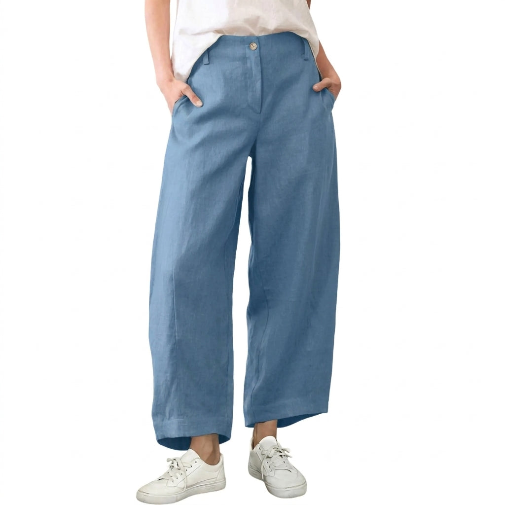 Women's High Waist Linen Blend Wide Leg Pants Casual Baggy Pull On Summer Trousers with Pockets & Zipper