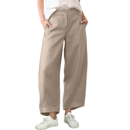 Women's High Waist Linen Blend Wide Leg Pants Casual Baggy Pull On Summer Trousers with Pockets & Zipper