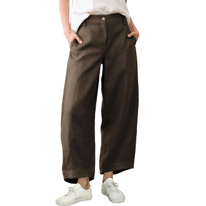 Women's High Waist Linen Blend Wide Leg Pants Casual Baggy Pull On Summer Trousers with Pockets & Zipper