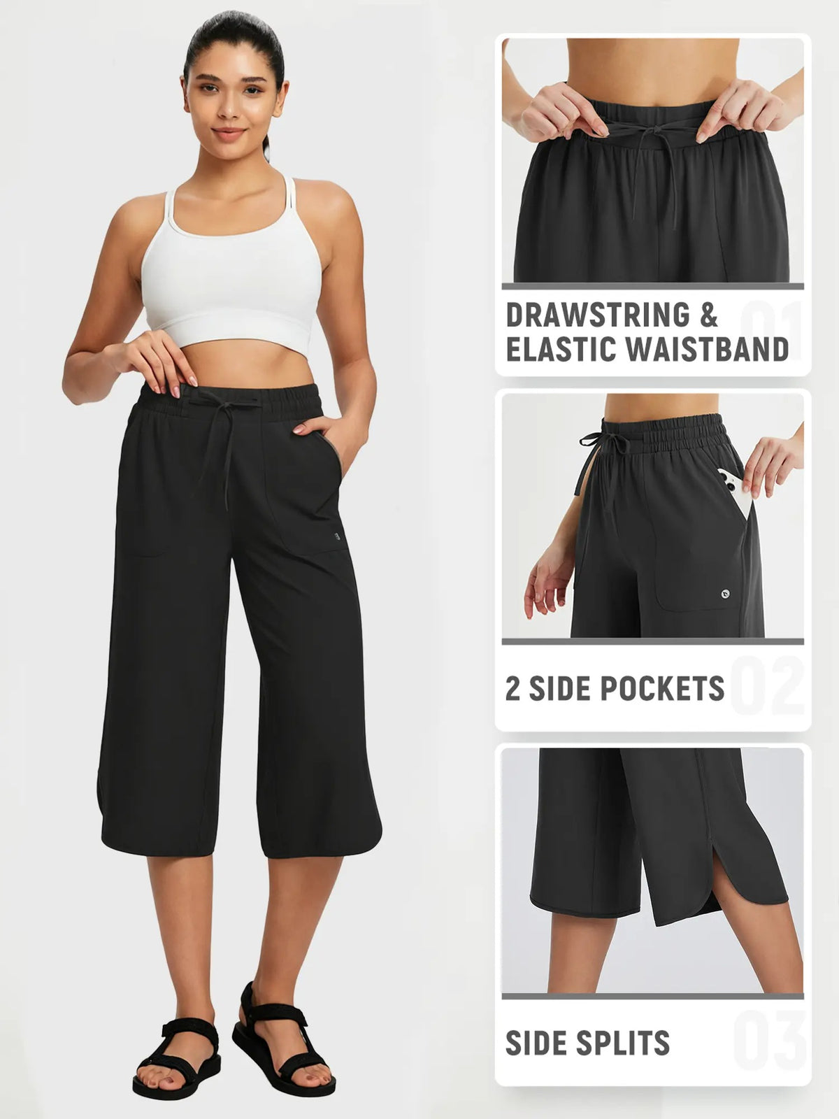 Women's High Waist 20" Wide Leg Capri Pants UPF 50+ Quick Dry Tummy Control Casual Lounge Pants with Deep Pockets