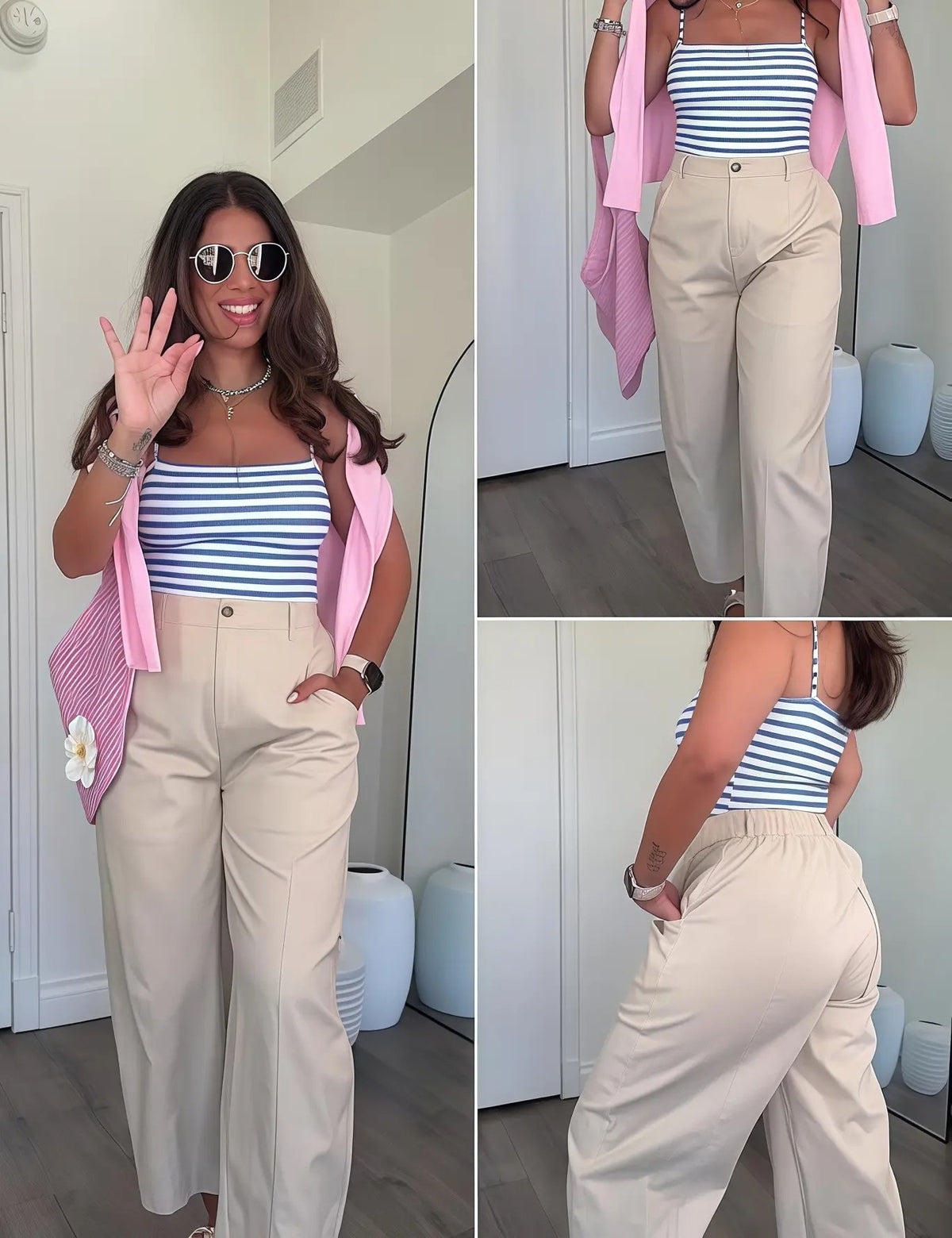 Women's High Waist Linen Blend Wide Leg Pants Casual Baggy Pull On Summer Trousers with Pockets & Zipper