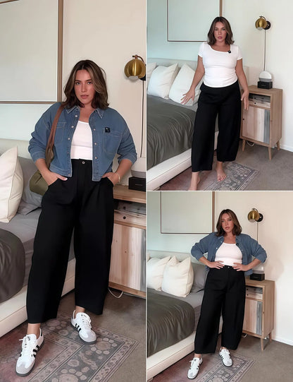 Women's High Waist Linen Blend Wide Leg Pants Casual Baggy Pull On Summer Trousers with Pockets & Zipper