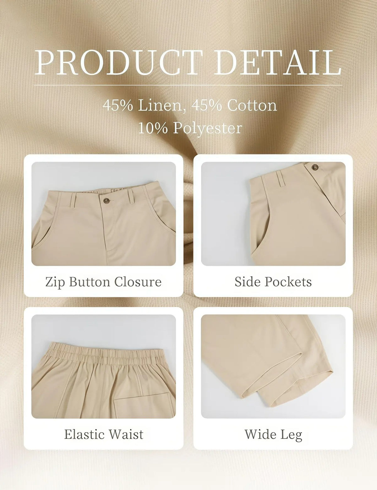 Women's High Waist Linen Blend Wide Leg Pants Casual Baggy Pull On Summer Trousers with Pockets & Zipper