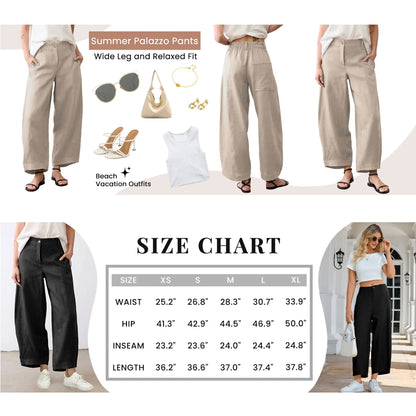 Women's High Waist Linen Blend Wide Leg Pants Casual Baggy Pull On Summer Trousers with Pockets & Zipper