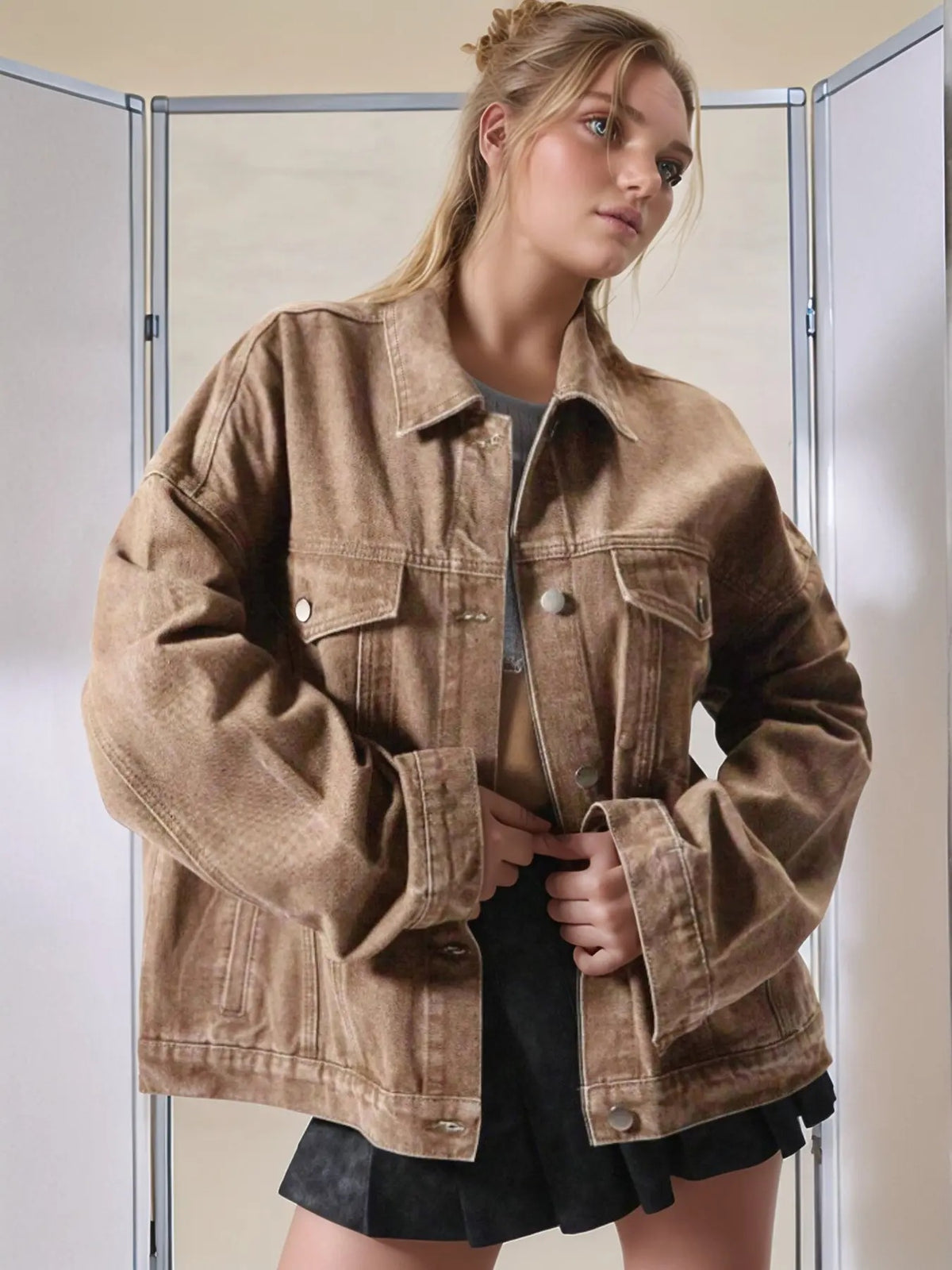 Women's Basic Button Front Denim Jacket Casual Collared Long Sleeve Drop Shoulder Fitted Outerwear with Pockets