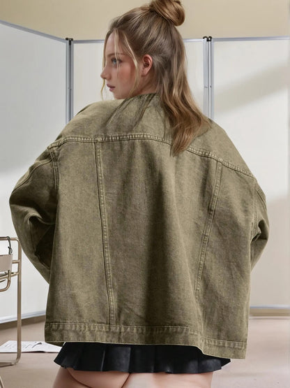 Women's Basic Button Front Denim Jacket Casual Collared Long Sleeve Drop Shoulder Fitted Outerwear with Pockets
