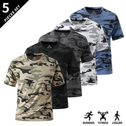Men's Camo Print Short Sleeve Shirts Stretch Breathable Crew Neck Casual Tops for Outdoor Fitness Daily Wear