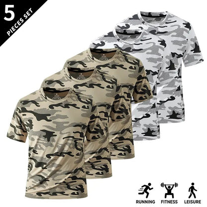 Men's Camo Print Short Sleeve Shirts Stretch Breathable Crew Neck Casual Tops for Outdoor Fitness Daily Wear