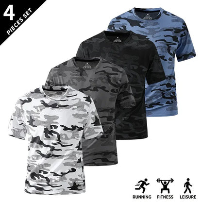 Men's Camo Print Short Sleeve Shirts Stretch Breathable Crew Neck Casual Tops for Outdoor Fitness Daily Wear