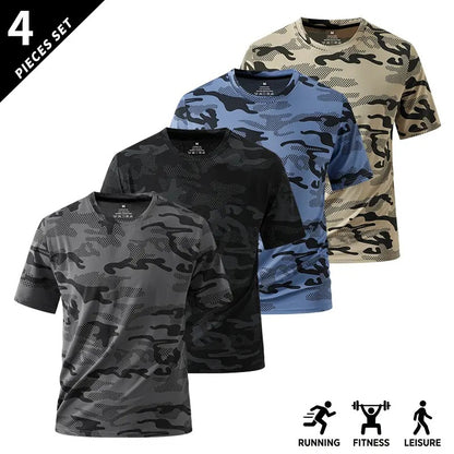 Men's Camo Print Short Sleeve Shirts Stretch Breathable Crew Neck Casual Tops for Outdoor Fitness Daily Wear