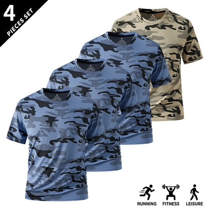 Men's Camo Print Short Sleeve Shirts Stretch Breathable Crew Neck Casual Tops for Outdoor Fitness Daily Wear