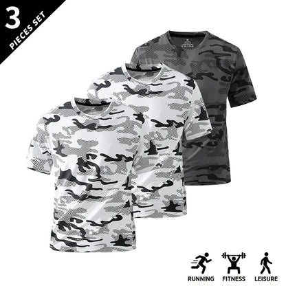 Men's Camo Print Short Sleeve Shirts Stretch Breathable Crew Neck Casual Tops for Outdoor Fitness Daily Wear