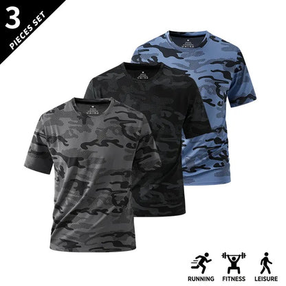 Men's Camo Print Short Sleeve Shirts Stretch Breathable Crew Neck Casual Tops for Outdoor Fitness Daily Wear