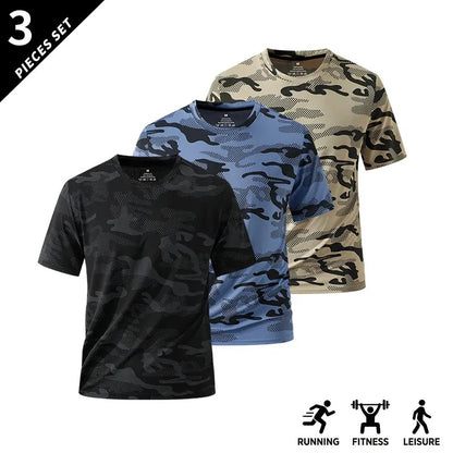 Men's Camo Print Short Sleeve Shirts Stretch Breathable Crew Neck Casual Tops for Outdoor Fitness Daily Wear