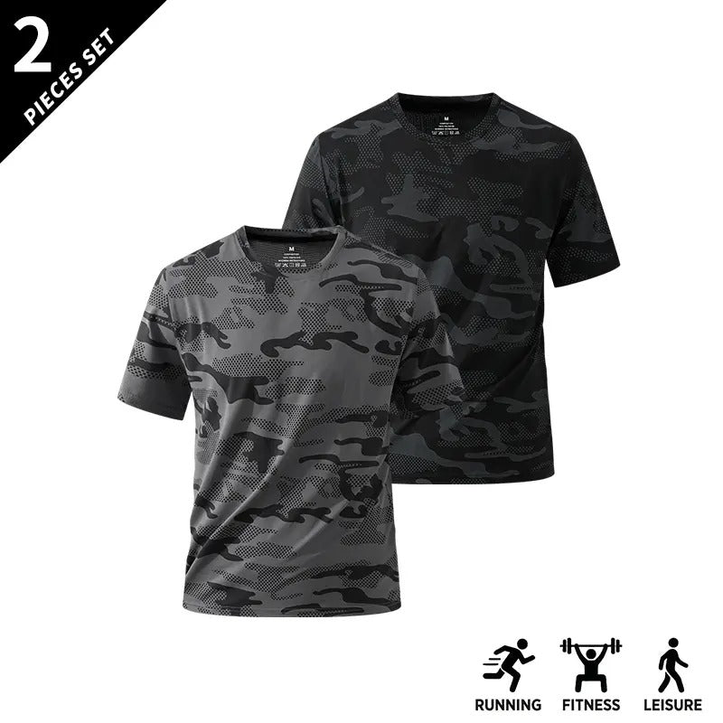 Men's Camo Print Short Sleeve Shirts Stretch Breathable Crew Neck Casual Tops for Outdoor Fitness Daily Wear