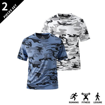 Men's Camo Print Short Sleeve Shirts Stretch Breathable Crew Neck Casual Tops for Outdoor Fitness Daily Wear