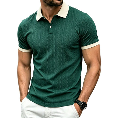 Men's Contrast Textured Knit Polo Shirt V-Neck Short Sleeve Old Money Casual Commuter Summer Tops