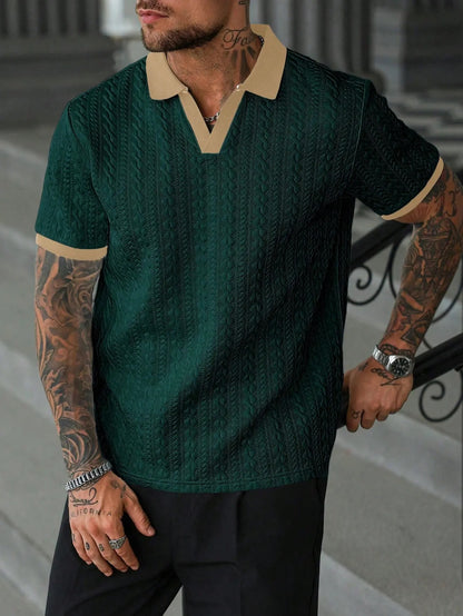 Men's Contrast Textured Knit Polo Shirt V-Neck Short Sleeve Old Money Casual Commuter Summer Tops
