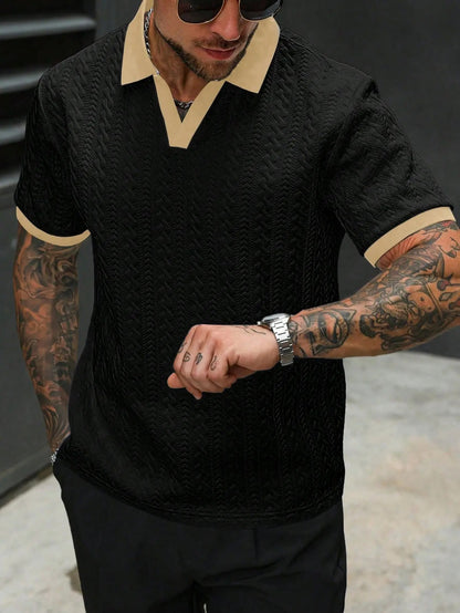 Men's Contrast Textured Knit Polo Shirt V-Neck Short Sleeve Old Money Casual Commuter Summer Tops