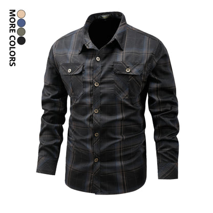 Men's Turn-Down Collar Plaid Long Sleeve Shirt Button Front Breathable Casual Light Business Tops