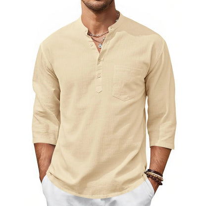 Men's Casual Henley Shirts 3/4 Sleeve Band Collar Cotton Linen Shirt Summer Beach Hippie T-Shirts with Pocket