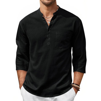 Men's Casual Henley Shirts 3/4 Sleeve Band Collar Cotton Linen Shirt Summer Beach Hippie T-Shirts with Pocket