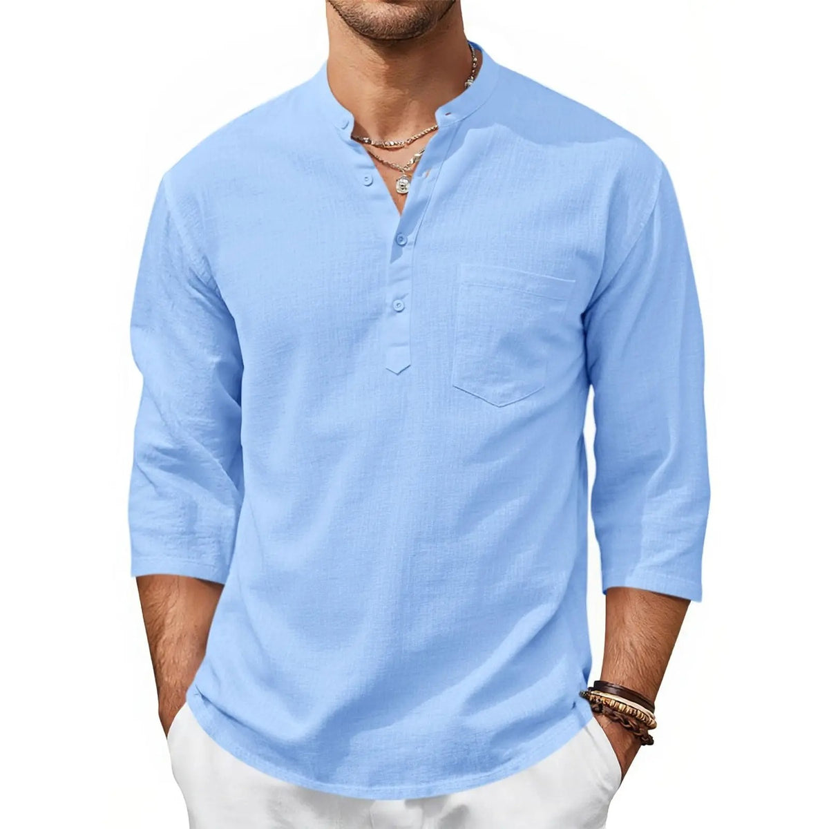 Men's Casual Henley Shirts 3/4 Sleeve Band Collar Cotton Linen Shirt Summer Beach Hippie T-Shirts with Pocket