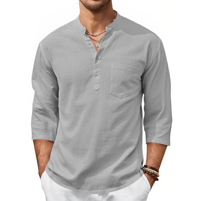 Men's Casual Henley Shirts 3/4 Sleeve Band Collar Cotton Linen Shirt Summer Beach Hippie T-Shirts with Pocket