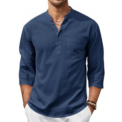 Men's Casual Henley Shirts 3/4 Sleeve Band Collar Cotton Linen Shirt Summer Beach Hippie T-Shirts with Pocket