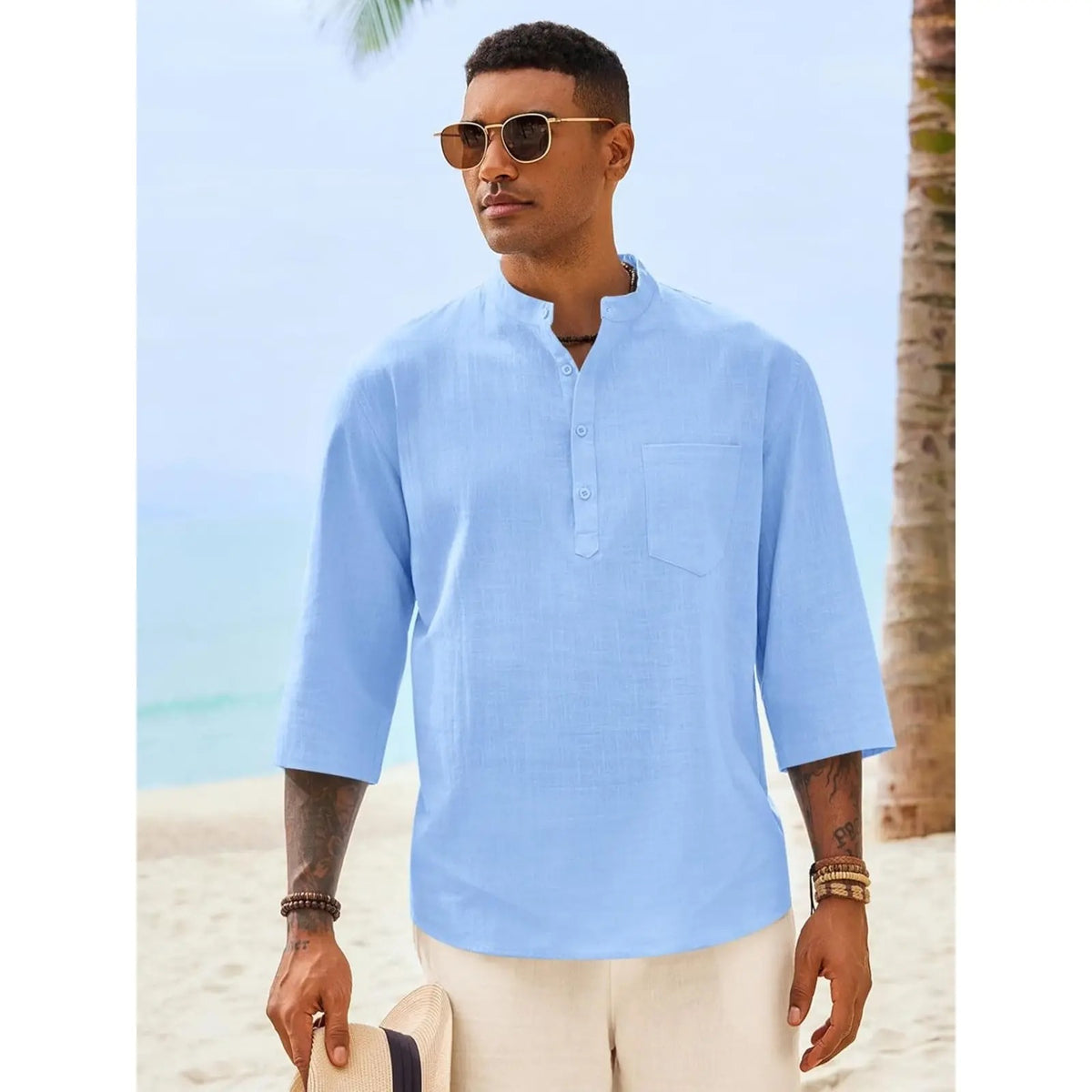 Men's Casual Henley Shirts 3/4 Sleeve Band Collar Cotton Linen Shirt Summer Beach Hippie T-Shirts with Pocket