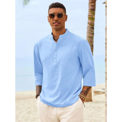 Men's Casual Henley Shirts 3/4 Sleeve Band Collar Cotton Linen Shirt Summer Beach Hippie T-Shirts with Pocket
