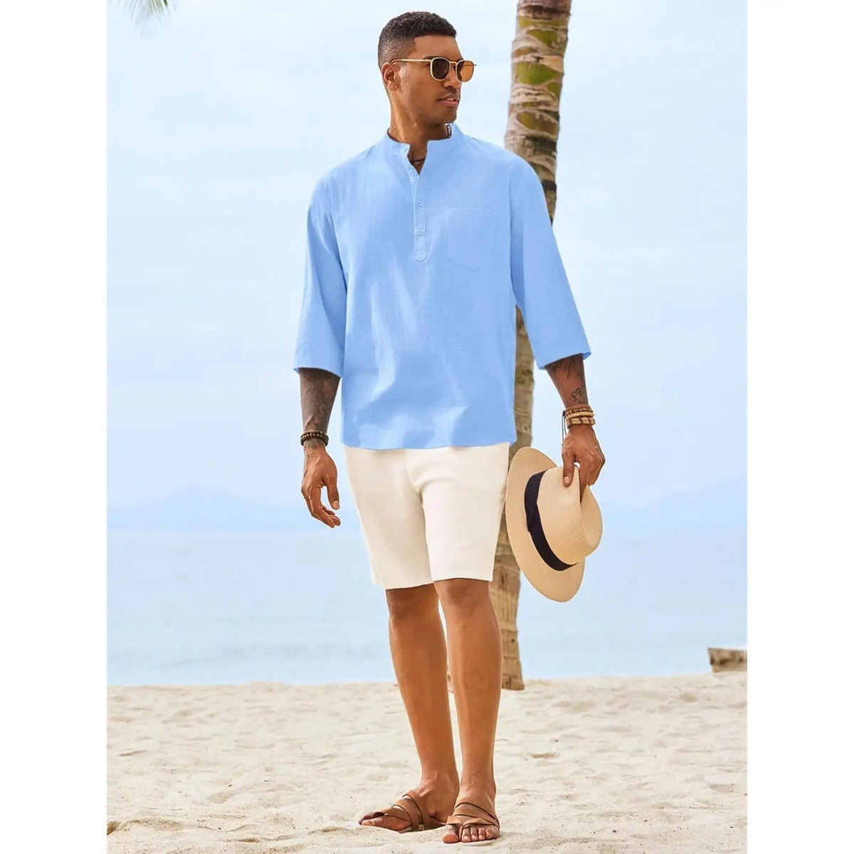 Men's Casual Henley Shirts 3/4 Sleeve Band Collar Cotton Linen Shirt Summer Beach Hippie T-Shirts with Pocket