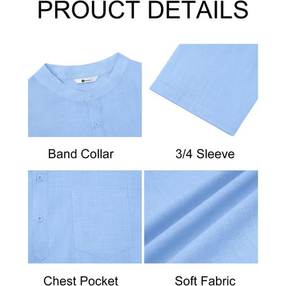 Men's Casual Henley Shirts 3/4 Sleeve Band Collar Cotton Linen Shirt Summer Beach Hippie T-Shirts with Pocket