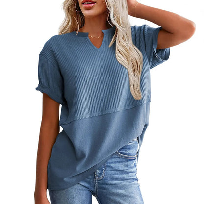 Women's Waffle Knit V-Neck Tunic Top Casual Short Sleeve Loose Fit Lightweight Summer Shirt for Beach Party Back to School Daily Wear