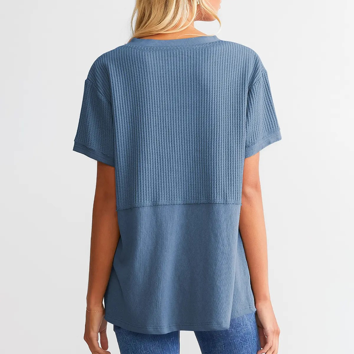 Women's Waffle Knit V-Neck Tunic Top Casual Short Sleeve Loose Fit Lightweight Summer Shirt for Beach Party Back to School Daily Wear