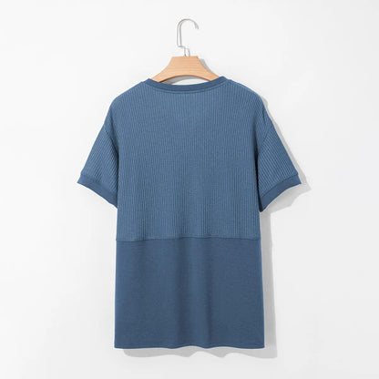 Women's Waffle Knit V-Neck Tunic Top Casual Short Sleeve Loose Fit Lightweight Summer Shirt for Beach Party Back to School Daily Wear