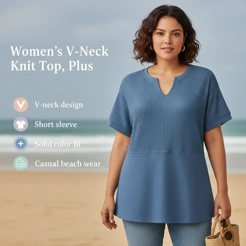 Women's Waffle Knit V-Neck Tunic Top Casual Short Sleeve Loose Fit Lightweight Summer Shirt for Beach Party Back to School Daily Wear