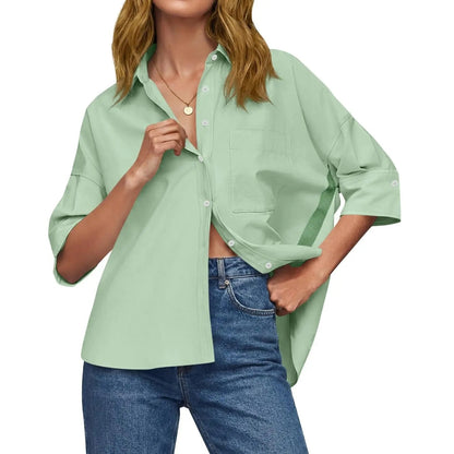 Women's Oversized V-Neck Button Down Blouse Half Sleeve High Low Loose Fit Business Casual Summer Tops