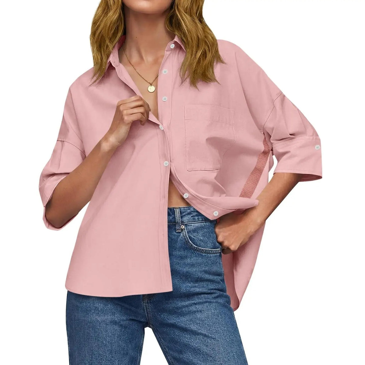 Women's Oversized V-Neck Button Down Blouse Half Sleeve High Low Loose Fit Business Casual Summer Tops
