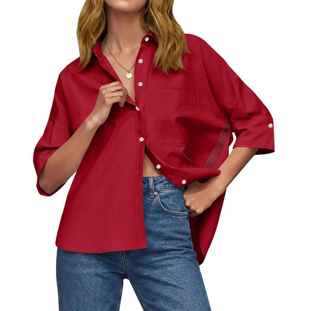 Women's Oversized V-Neck Button Down Blouse Half Sleeve High Low Loose Fit Business Casual Summer Tops